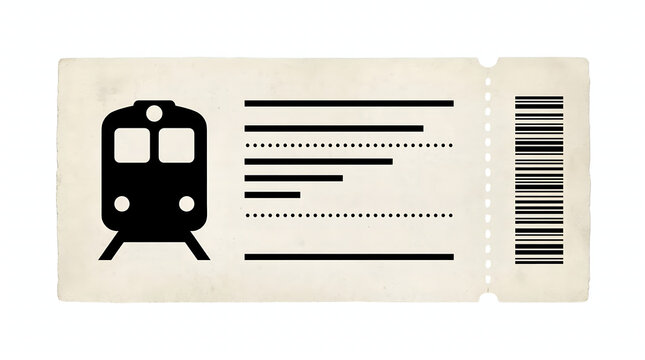 Vintage train ticket with barcode and placeholder text for travel details, a retro journey pass