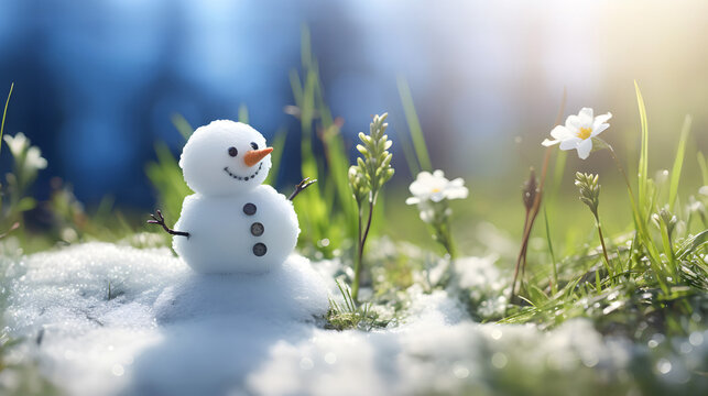 Snowman on a meadow with grass and spring flowers growing through the melting snow. Concept of spring coming and winter leaving.