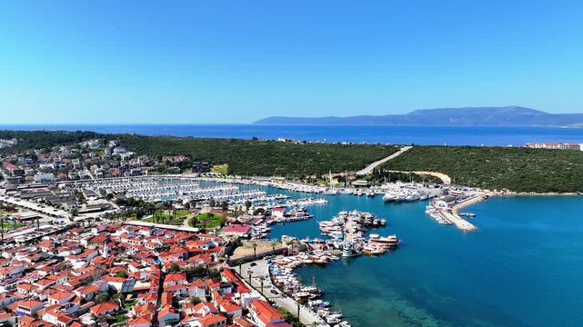Aerial Drone View of Teos Marina and Sigacik Coastal Town in Izmir, Turkey &ndash; Aegean Sea Harbor and Scenic Village 4K