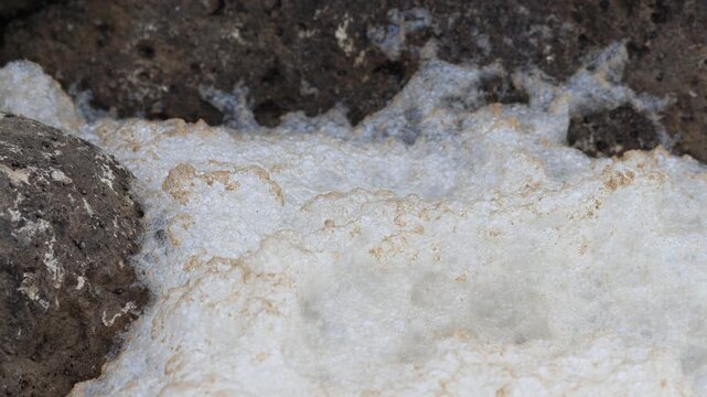Sea foam from a winter swell moving against dark rocks on a coast