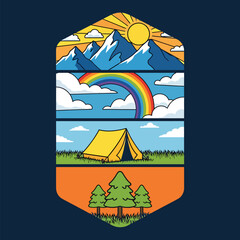 Obraz premium Adventure Camping in Nature's Beauty: Vector Illustration of Mountains, Rainbow, Tent, and Trees