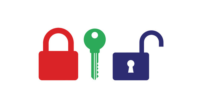 Colorful locks and key depicting security and access silhouette