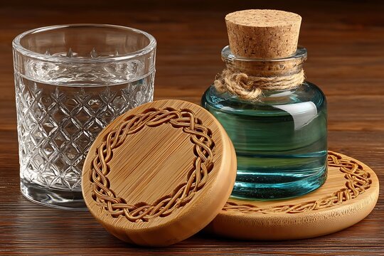 Rustic wooden coasters with celtic knot glass of water, and blue elixir bottle Image
