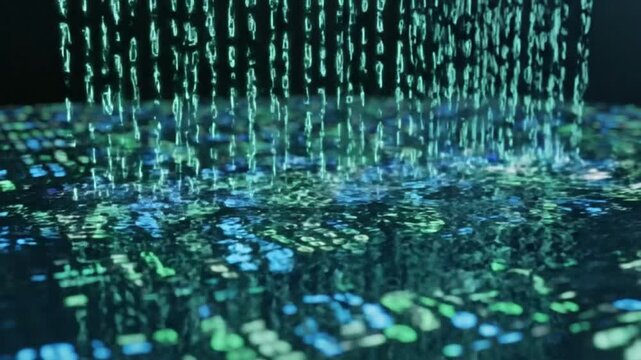 Digital Rain Binary Code Falling into Abstract Circuit Board Pattern