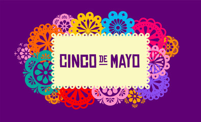 Fototapeta premium Cinco de Mayo holiday celebration frame background. Decorative fiesta papel picado frame. Colorful floral Mexican festival design.
