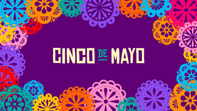 Cinco de Mayo holiday celebration frame background. Decorative fiesta papel picado frame. Colorful floral Mexican festival design.