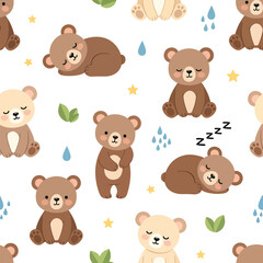 Fototapeta premium Whimsical Seamless Pattern of Cute Cartoon Bears Sleeping and Playing with Gentle Nature Elements