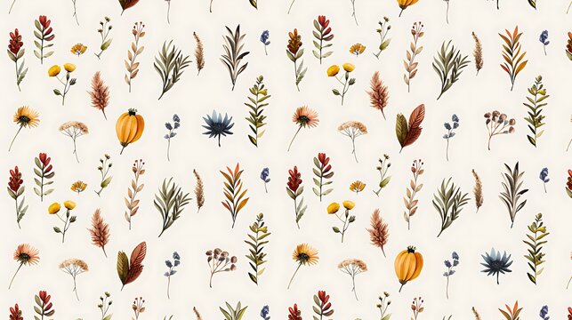 Watercolor autumn botanical pattern with pumpkins and wildflowers Image