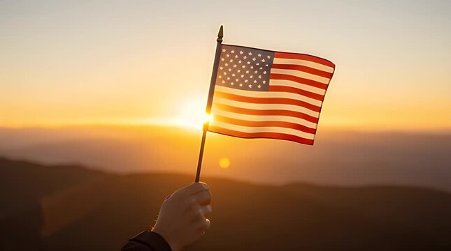 A person's hand proudly holds a small American flag high against the warm, golden light of a stunning sunset over distant mountains, evoking feelings of patriotism and national pride.