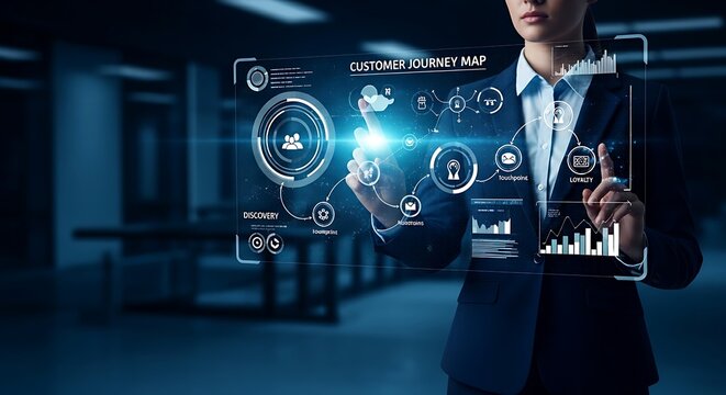 Customer journey map concept. An analyst's hands create a holographic customer journey map, plotting all touchpoints and emotions from discovery to loyalty.