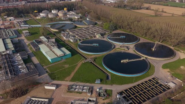 drone view of sustainable water infrastructure in Europe used as corporate background for presentations about green technology and environmental systems.