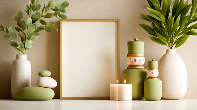 Subtle Christmas Decor Featuring Nutcrackers Candles and Mockup Poster Frame