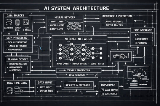 AI system architecture diagram with neural network layers data sources processing training dataset inference user interface deployment and feedback flow
