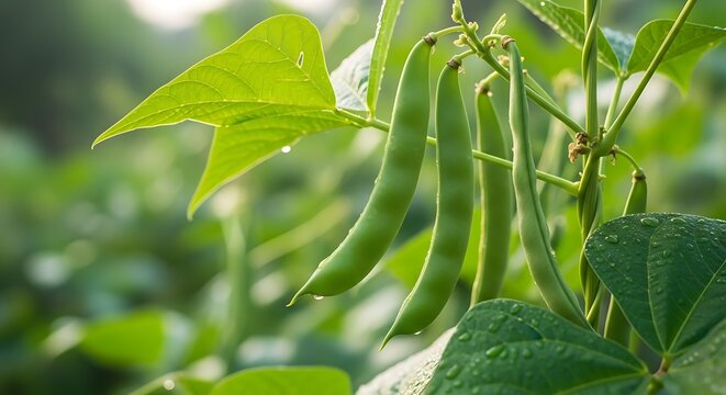 Green beans growing on plant with leaves  fresh vegetable harvest in garden plot