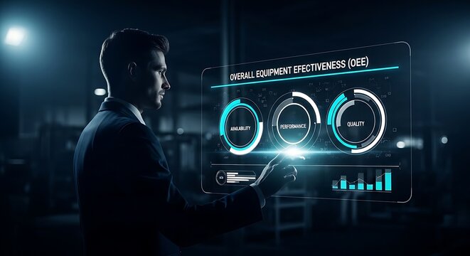 Overall Equipment Effectiveness (OEE) concept. A factory manager's hand analyzes a holographic dashboard with circular gauges showing machine availability, performance, and quality.