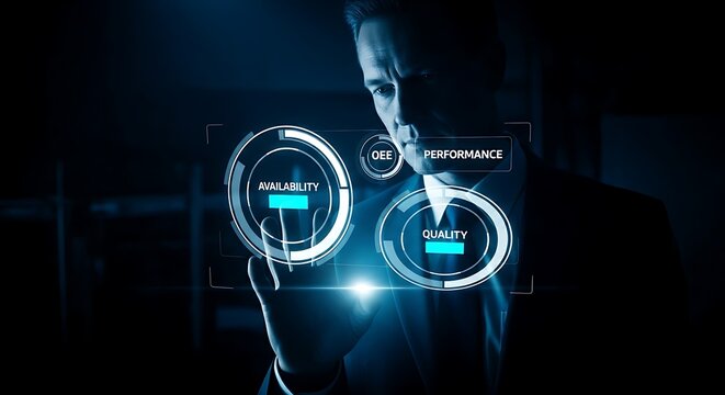 Overall Equipment Effectiveness (OEE) concept. A factory manager's hand analyzes a holographic dashboard with circular gauges showing machine availability, performance, and quality.