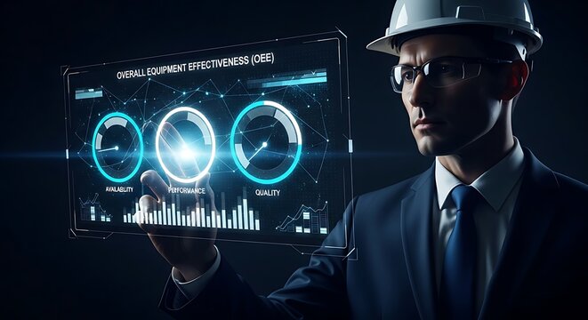 Overall Equipment Effectiveness (OEE) concept. A factory manager's hand analyzes a holographic dashboard with circular gauges showing machine availability, performance, and quality.