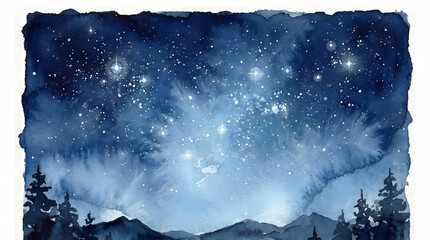 Fototapeta premium A beautiful watercolor painting of a starry night sky over a silhouetted mountain range, with pine trees in the foreground, evoking a sense of wonder and tranquility