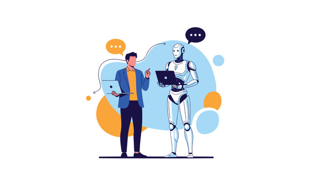 Business professional collaborating with advanced humanoid robot while both using laptops for digital communication and innovation concept.