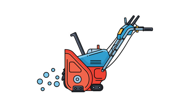 Motorized blue snow blower with red auger and adjustable chute isolated on white background for winter maintenance equipment concept.