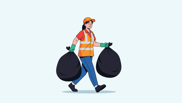 Female sanitation worker in an orange high-visibility vest and blue trousers carries two heavy black trash bags while walking.