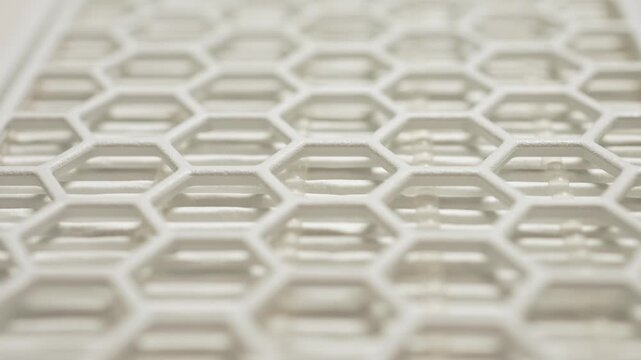 Air filter focus shift macro shallow depth of field close up. Filter honeycomb shape pattern filter to relieve respiratory seasonal allergy, as Hay fever, Pollen count, Nasal congestion, nose sneezing
