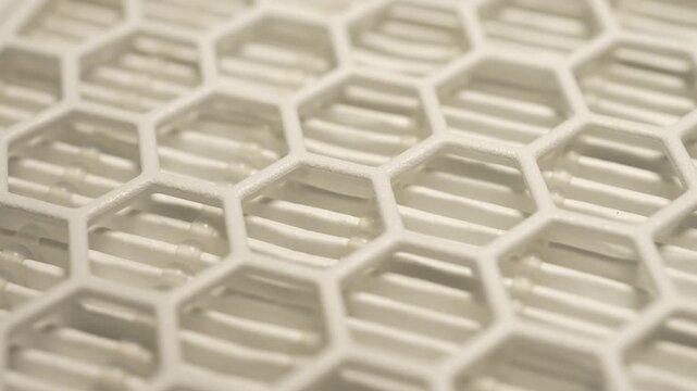 Honeycomb shape pattern filter close up macro, shallow depth of field. Prevention measures during seasonal spring runny nose, suffering from seasonal allergy and blooming flower allergy sneezing.