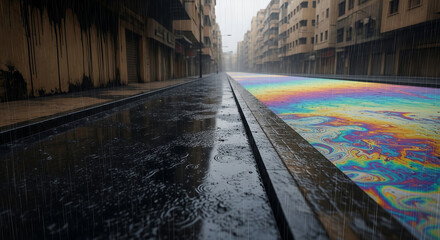 Fototapeta premium Rainbow oil slick on rainy city street after conflict. Environmental disaster and pollution in war zone. Ruined neighborhood with puddle reflecting chemical spill and toxic waste rain.