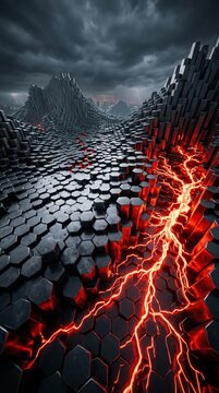 Fantasy landscape with dark hexagonal pillars and glowing red lava cra