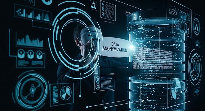 Data anonymization concept. A privacy specialist's hand applies an anonymization mask to a holographic database, obscuring sensitive information which becomes unreadable.