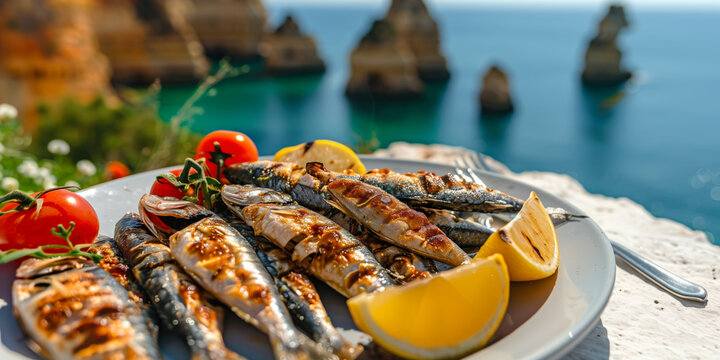 Traditional grilled sardines served with lemon and herbs on a seaside terrace in Portugal. Fresh seafood dining scene with coastal view, local cuisine, and sunny Mediterranean atmosphere