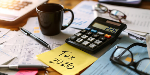 Tax documents, calculator, eyeglasses, and office supplies on a desk with a sticky note marked Tax 2026. Personal finance, tax filing, accounting, and annual declaration concept
