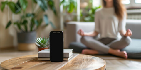 Smartphone displaying digital detox message beside books and a houseplant in a calm home interior, with a person meditating in the background.