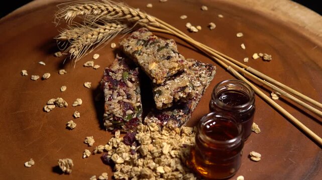 Bars of healthy muesli with honey, berries and nuts, nutritious breakfast and energy food. Fruits, berries and nuts cereal protein bars with honey and rice or cornflakes seeds. Active lifestyle.