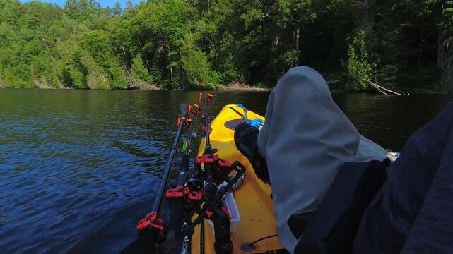 Man pedaling on PDL kayak for fishing at serene lake revealing amazing forest view. Fishing sport angler at summer vacation.