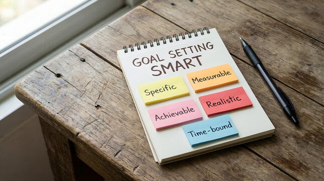Crafting Success A notebook illustrating the SMART goals framework with specific, measurable, achievable, realistic, and time-bound steps for effective planning