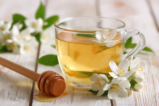 Aromatic Jasmine Tea with Honey and Fresh Flowers.