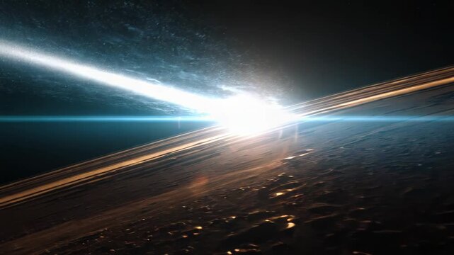 Distant planet orbiting a bright star in the deep dark cosmos, creating striking lens flares and light effects, illustrating themes of discovery, exploration, and the vastness of the universe