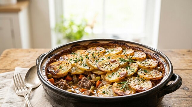 Delicious Lancashire hotpot on a bright backdrop shows a traditional stew