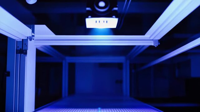 Advanced precision laser cutting machine operating in an industrial environment, emitting a bright blue beam of light onto a surface, symbolizing technology and manufacturing