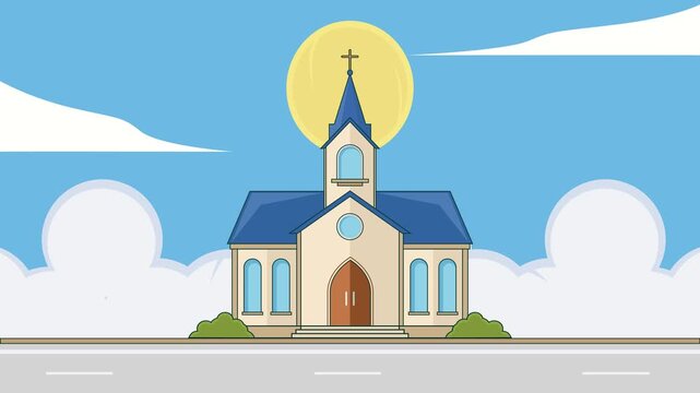 Simple cartoon illustration of a traditional church building standing prominently beneath a bright yellow sun.