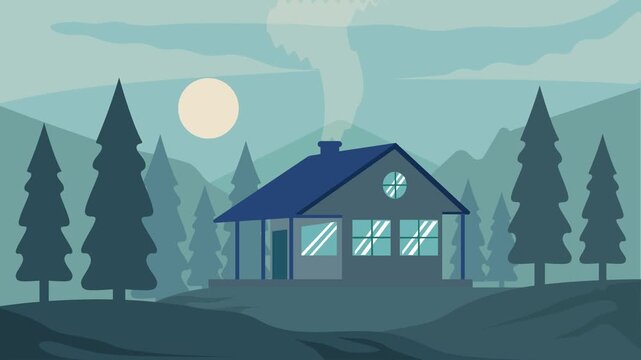 A cozy, moonlit cabin with smoke rising from its chimney, nestled among pine trees, rendered in flat illustration style.