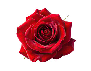 Naklejka premium A vibrant red rose with velvety petals opens its intricate spiral bloom