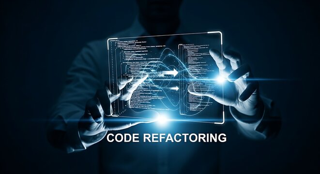 Code refactoring concept. A software engineer's hands interact with a hologram of messy, complex code reorganizing itself into a clean and optimized structure.