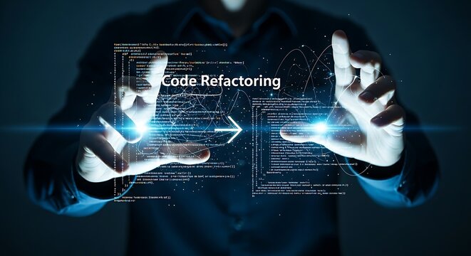 Code refactoring concept. A software engineer's hands interact with a hologram of messy, complex code reorganizing itself into a clean and optimized structure.