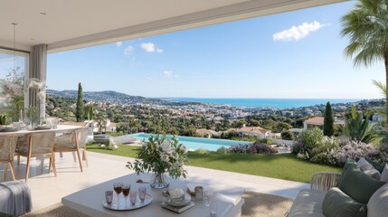 Fototapeta premium Luxury villa exterior with pool and ocean view on a sunny day