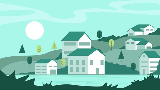 Minimalist cartoon village with white houses nestled on green hillsides under bright sun