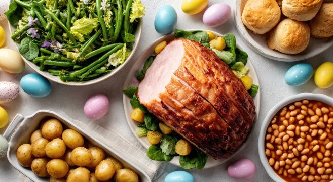 Festive Easter Feast - Ham, Potatoes, Beans, and Colorful Eggs.