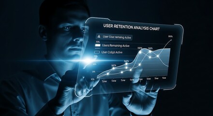 User retention analysis concept. A product manager's hand analyzes a holographic chart showing curves of different user cohorts remaining active over time.