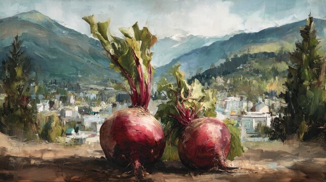Two freshly harvested root vegetables rest on earth overlooking a distant town nestled in mountains